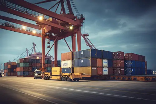 logistics-transportation-container-cargo-ship-cargo-plane-with-working-crane-bridge-shipyard-sunrise-logistic-import-export-transport-industry-background-ai-generative